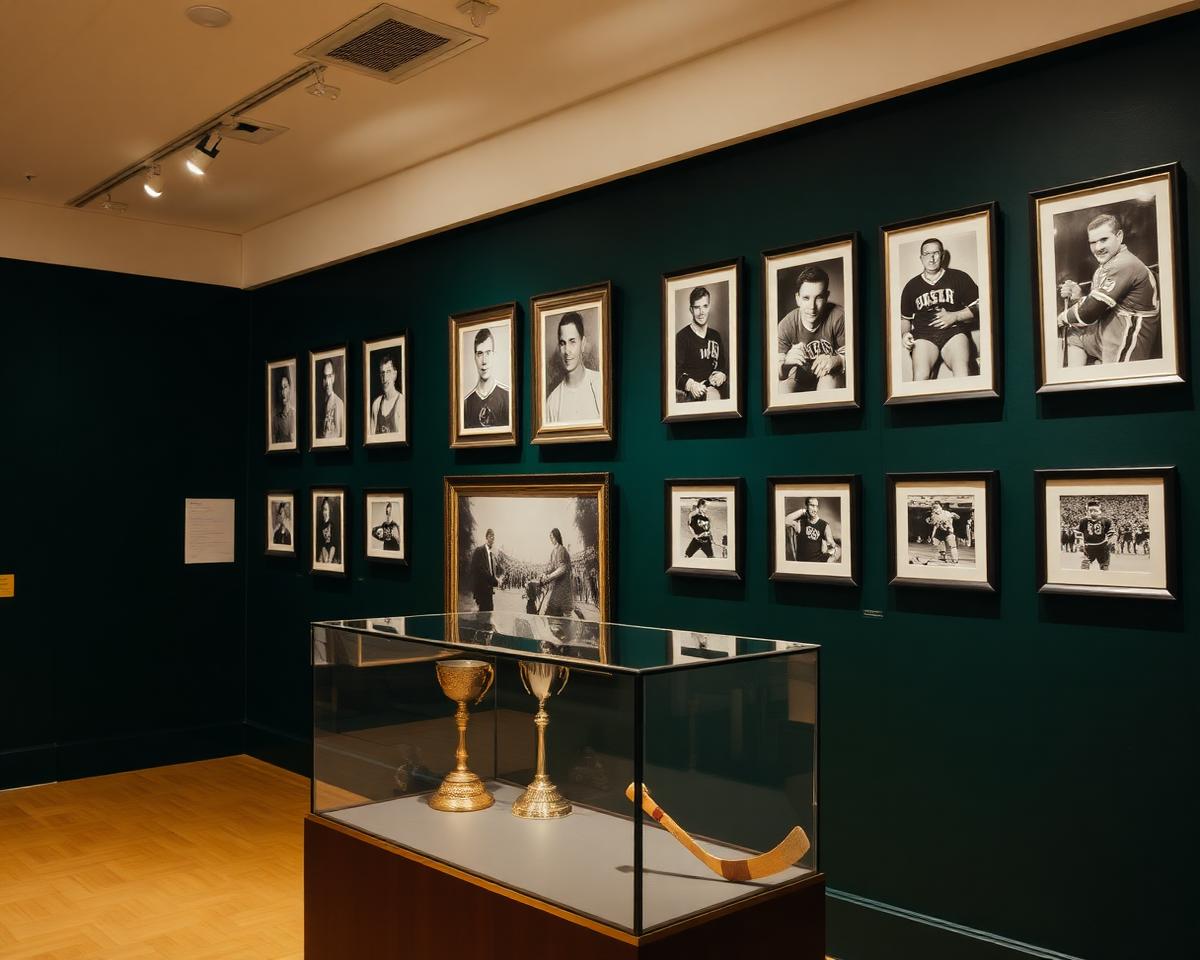 Oakville Sports Hall of Fame exhibit gallery with framed athlete portraits and a trophy display case